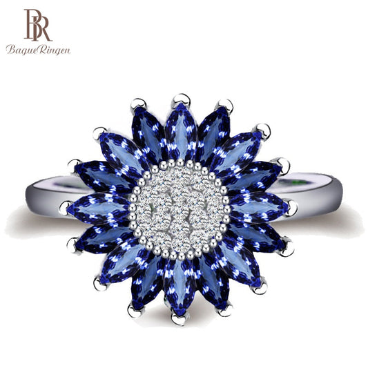 Bague Ringen Female Trendy Rings For Women Sunflower Blue Gemstones Fashion Jewelry Plant Dating Party Ring