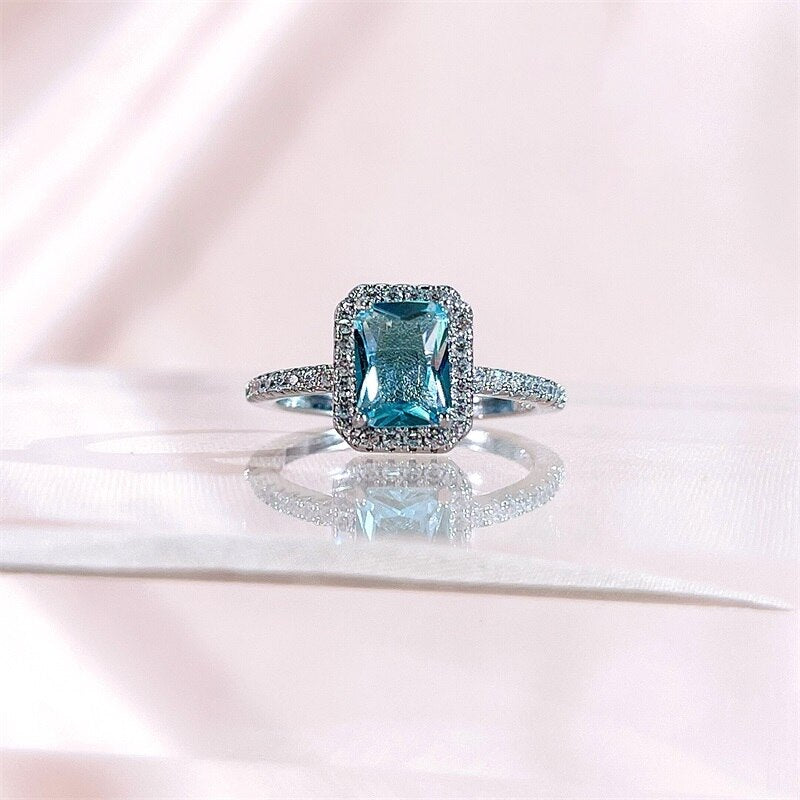 Bague Ringen Classical Design Ring Fashion Female Jewelry Square Blue Topaz artificial Aquamarine Lady&#39;s Engagement Ring Size5-9