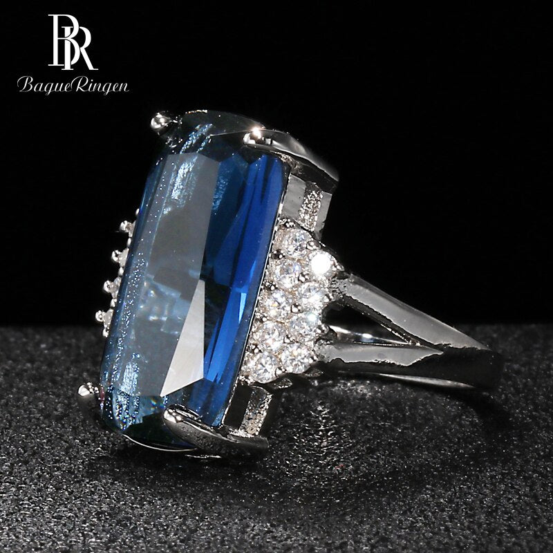 Bague Ringen Fashion Rectangle Gemstones Ring For Women Jewelry Geometry Artificial Sapphire Princess Party Banquet Wholesale