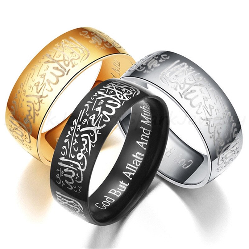 Spark Arabic Islamic Scripture Rings 8MM Stainless Steel Muslim Prayer Band Ring For Men Religious Jewelry Male Anillo Masculino