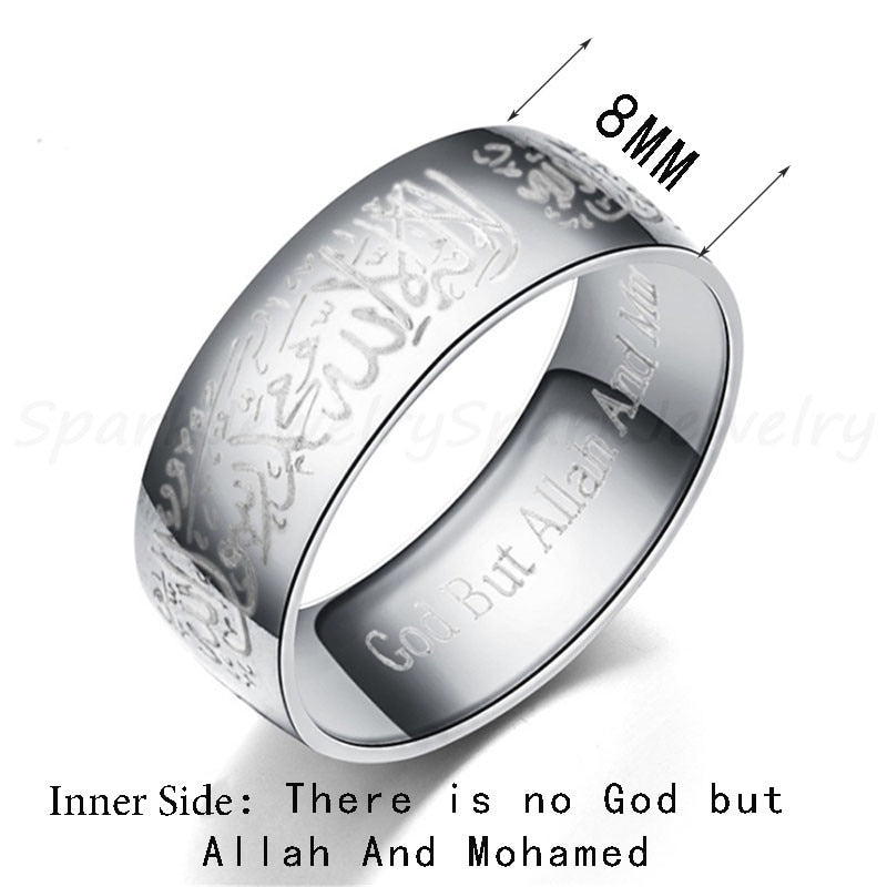 Spark Arabic Islamic Scripture Rings 8MM Stainless Steel Muslim Prayer Band Ring For Men Religious Jewelry Male Anillo Masculino