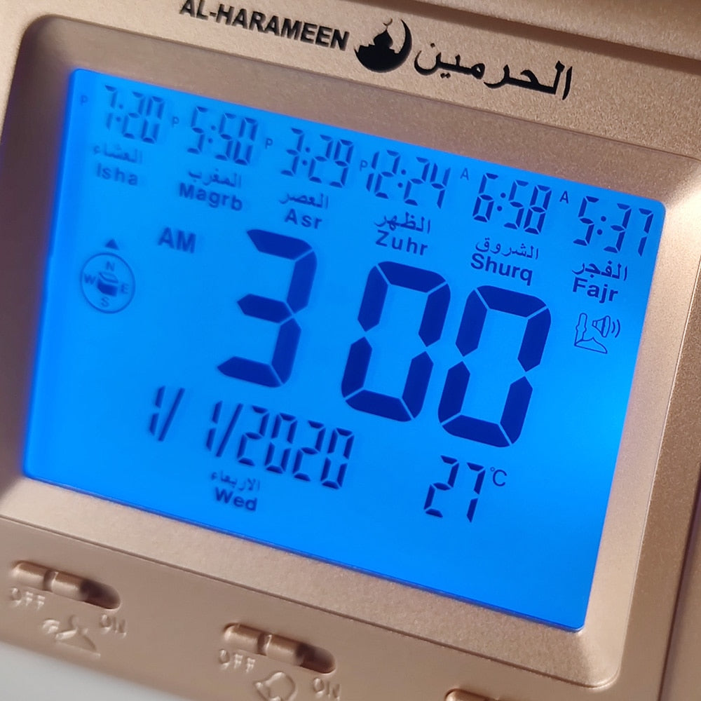 Muslim Table Clock with Adhan Alarm for All Cities Islamic Azan Time for Prayer with Qiblah Direction Temp and Hijir Calendar
