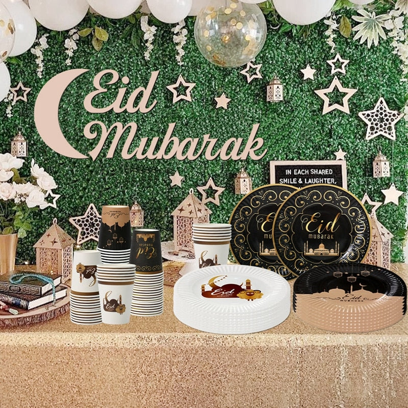 KanDam-Eid Mubarak Plates Banner Balloon Tableware Ramadan Decoration 2023 Gifts