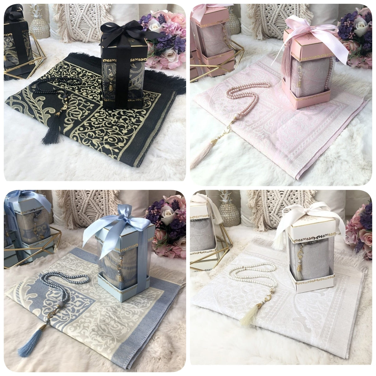 KanDam-2PC Muslim Prayer Rug Set Sejadah Rosary Prayer Mat Gift Set 5 Colors